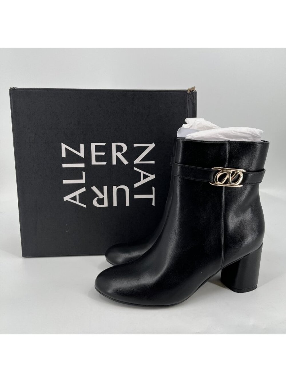 Naturalizer Lottie Ankle Boots Black Size 7.5M Faux Leather Block Heel Buckle